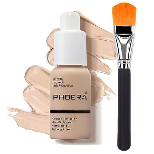 Image of Glamza PHOERA Foundation Concealer Makeup Full Coverage Matte Brighten Long Lasting UK + Professional Flat Face Foundation Brush (102 NUDE)