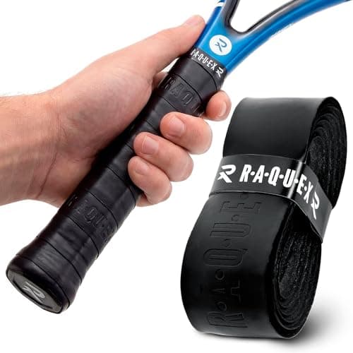Image of Raquex Enhance Replacement Racket Grip: Tennis Grip, Badminton, Squash Grip Tape, Padel, Pickleball. 14 Colours. Premium, Self-Adhesive Tennis Racquet Grip with Finishing Tape (Black, 1 Grip)