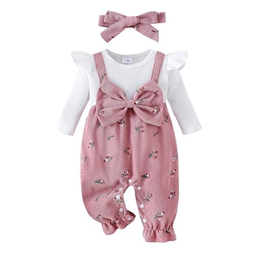 Image of PanLidapan Infant Newborn Baby Girls One Pieces Outfit Floral Bow Jumpsuit Long Sleeve Ruffle Romper with Headband Cute Fall Winter Clothes (Pink, 6-9 Months)