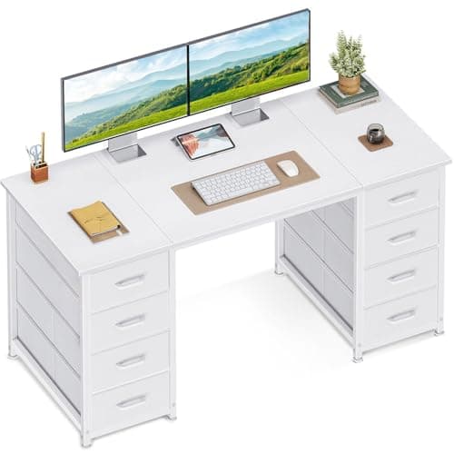 Image of Coleshome Computer Desk with Fabric Drawers, 120x48cm Modern Office Desk with Storage, PC Study Table for Home Office、Bedroom or Living Room, White