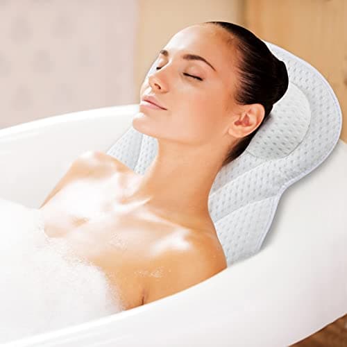 Image of Bath Pillow 4D Ergonomic Bath Pillow Neck and Back Support Bath Cushion Air Mesh Technology Bath Headrest Pillow Bath Pillows with Strong Suction Cups Fits All Bathtub, Hot Tub and Home Spa (White)