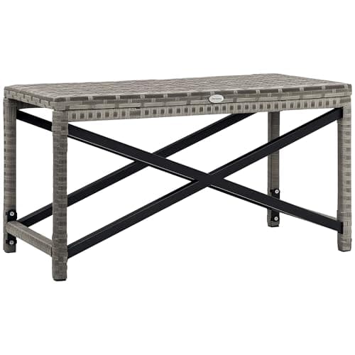 Image of Outsunny Outdoor Coffee Table, Garden PE Rattan Side Table with Plastic Board Under the Full Woven Table Top and X-Shaped Frame for Patio, Balcony, Mixed Grey