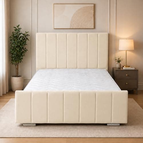 Image of UK Bed Furniture - Kensington Upholstered Bed Frame, Luxury Plush Design with Modern Headboard & Footboard, Bedroom Bed Frames-Single, Double, King & Super King Sizes (Cream, king)