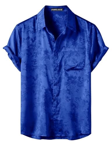 Image of PARKLEES Men's Silk Satin Shiny Jacquard Summer Short Sleeve Shirt Luxury Leisure Floral Button Down Shirt Royal Blue Large