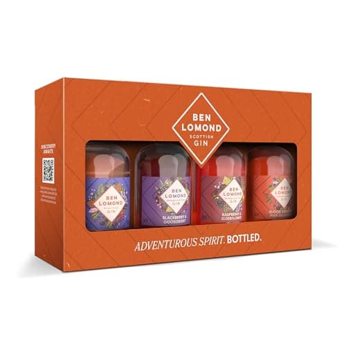 Image of Ben Lomond Gin Gift Set 4x5cl | Scottish Gin Tasting Collection | Miniature Gin Set | London Dry, Raspberry & Elderflower, Blood Orange & Pink Grapefruit, Blackberry & Gooseberry