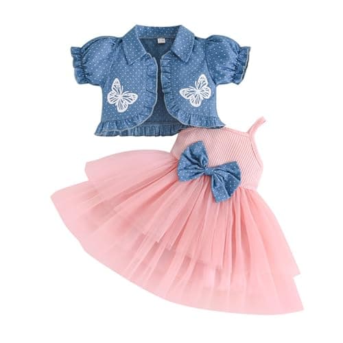 Image of XIXIMAON Baby Girl Summer Outfits Bow Sleeveless Tulle Skirt Dot Butterfly Floral Puffy Short Sleeve Coat Dress And Cardigan Set Kids Spring Clothes (Pink, 12-18 Months)