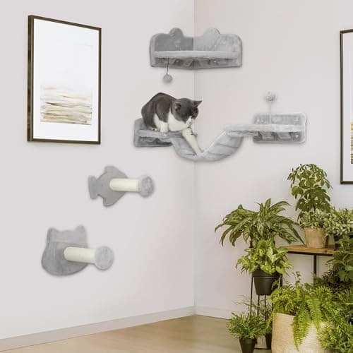 Image of PawHut Cat Wall Shelves, 4 Piece Wall-Mounted Cat Tree with Steps, Ladder, Jumping Platforms, Scratching Posts, Toy Ball, Cat Wall Furniture for Indoor Cats, Light Grey
