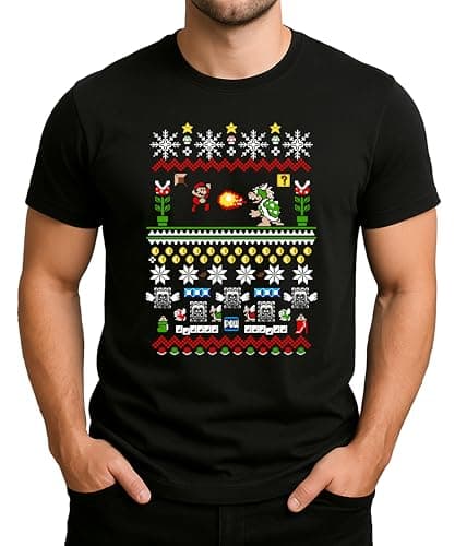 Image of Super Mario Xmas Battle - Festive Christmas Clothing, Gift Idea, Merry Christmas, Xmas Design, Santa, Winter Men's T-Shirt, black, XL