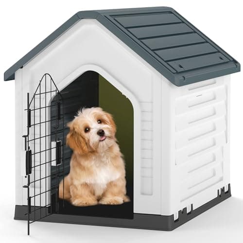 Image of GYMAX Plastic Dog House, Indoor Outdoor Dog Kennel with Metal Lockable Door, Air Vents & Sloping Roof, Puppy Shelter for Small Medium Cats Rabbits Puppies (Grey+White)