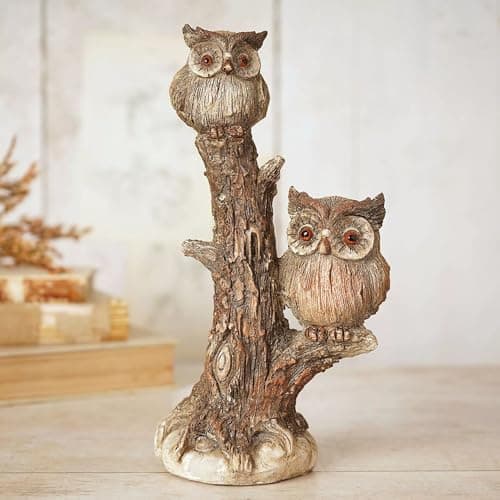 Image of Widdop & Co. Two Owls on a Tree Ornament - Log Wood Effect Bird Decoration - Free Standing - Rustic Keepsake by Country Living