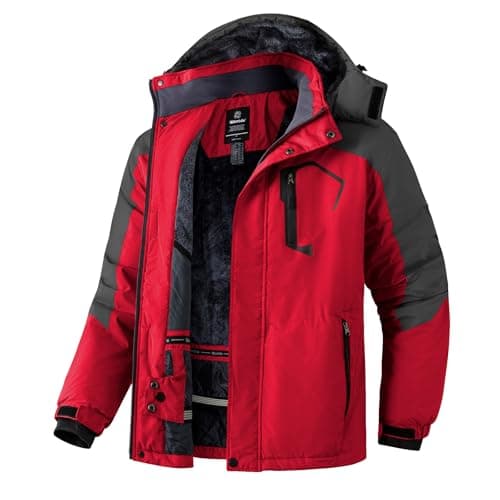 Image of Wantdo Men's Mountain Ski Jacket Waterproof Winter Coat Hooded Windbreaker Warm Snowboarding Jacket Windproof Outdoor Jacket Red L
