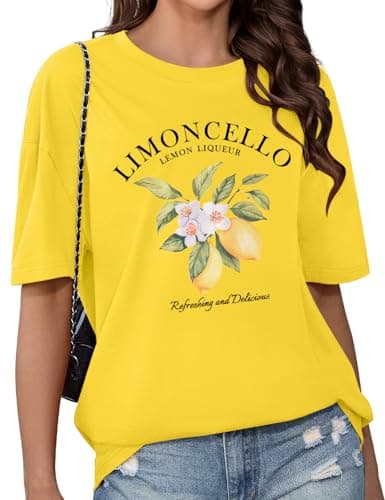 Image of CMTOP Women’s Oversize T-Shirt Summer Tops Cotton Short Sleeve Round Neck T Shirts Lemon Graphic Tee Shirts Casual Baggy Tops Blouse (Yellow, M)