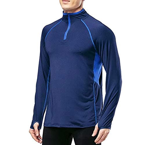 Image of Muscle Alive Men's Quarter Zip Running Active T Shirts Workout Long Sleeve Jersey with Thumb Holes Polyester and Spandex Blue M