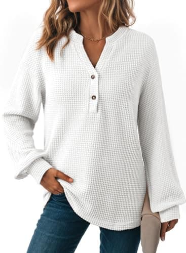 Image of Dokotoo Womens Tops Long Sleeve Women Pullover Sweatshirt Waffle Knit Oversized Ladies Jumpers Solid Casual Tunic Top Dressy V-Neck Half Button Women's Blouses Shirts White 2XL