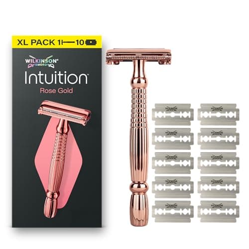 Image of Wilkinson Sword Intuition Rose Gold Safety Razor for Women, Premium Metal Handle, 1 Women’s Razor Handle and 10 Blade Refills