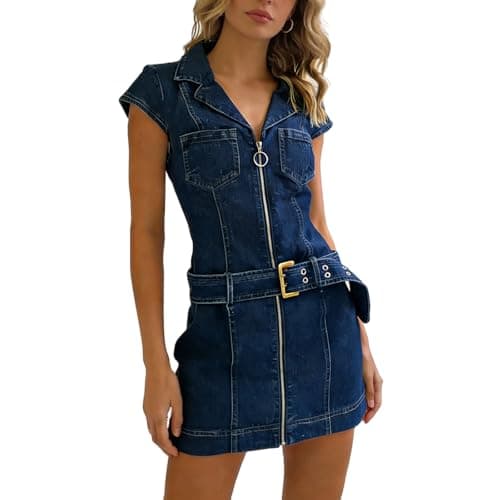 Image of Djeanxa Women's Short Sleeve Jean Dress Summer Casual Short Dresses Lapel Zip Front Bodycon Denim Mini Dress with Belt, Blue, M