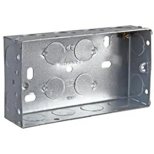 Image of rhinocables - Metal 2 Gang Double Socket Back Box | Galvanized Steel | BS4662 Compliant | Fixed Lugs for Secure Mounting | Pre-Punched Knockouts | Versatile Depths, 1 Pack, 35mm