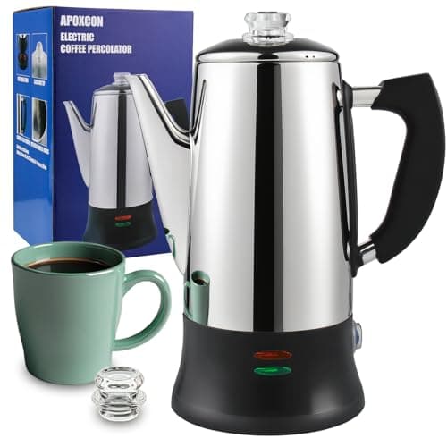 Image of APOXCON 12-Cup Electric Coffee Percolator, CE-Certified Stainless Steel, Heat-Resistant Glass Knob, Fast Brew, 30-Min Keep Warm, Multi-Use for Tea/Cocoa/Oatmeal, Cordless Server