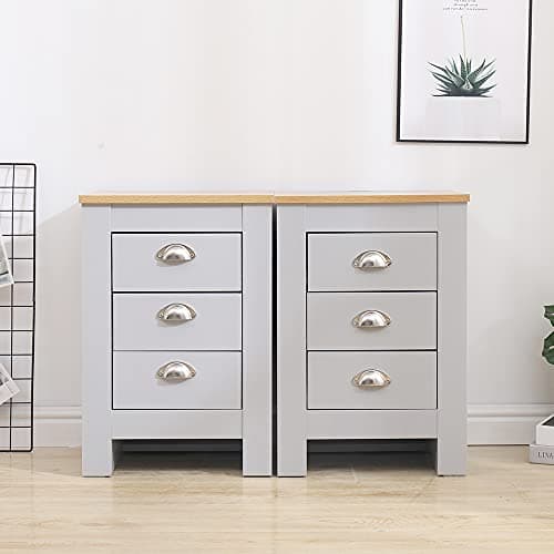 Image of Homemade Design Set of 2 3 Drawers Bedside Cabinet Table Grey and Oak Bedroom Living Room Storage Nightstand (set of 2)