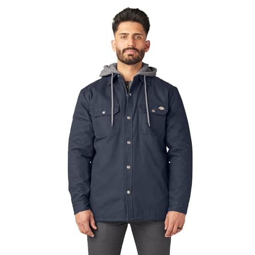 Image of Dickies Men's Fleece Hooded Duck Shirt Jacket with Hydroshield Work Utility Outerwear, Dark Navy, L
