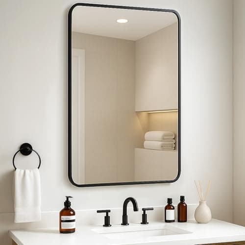 Image of CROWNSHOP 75 X 50cm Bathroom Mirror with Black Aluminum Frame, HD Glass Wall-Mounted Rectangle Mirror with Curved Corners for Bathroom, Living Room Vertical or Horizontal Hanging Wall Decor