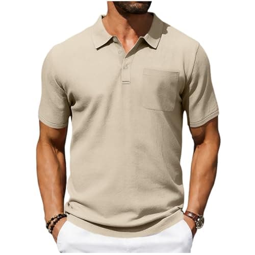 Image of Mens Polo Shirts Cotton Linen Summer Casual Tops Short Sleeve Buttons Polos Tee Shirt Lightweight Solid Color Shirt Holiday Regular Fit Work Office Beach Vacation Workout Fitness Gym Running UK