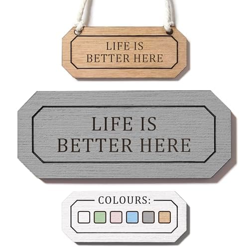 Image of Life Is Better Here Sign – Personalised Wooden Gift Plaque (Grey, 8.5 x 3.5 cm)
