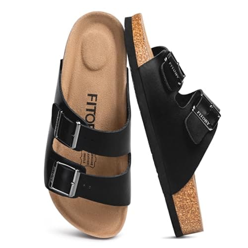 Image of FITORY Mens Leather Sandals, Arch Support Slides with Double Buckle Adjustable Straps & Cork Footbed for Summer Black Size 8.5