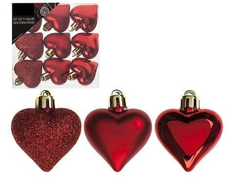 Image of Toyland® Pack Of 9-5cm Heart Baubles - Shiny Matte & Glitter Design - Christmas Tree Decorations (Red)