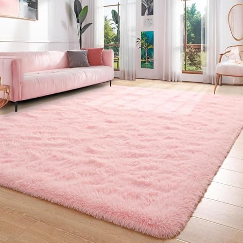 Image of Oxford Homeware Rugs Living Room 120 x 170 cm – Fluffy Shaggy Pink Area Rugs for Bedroom, Lounge – Soft Anti Slip Washable Rug Modern Floor Carpets Bedside Rug for Kids Room