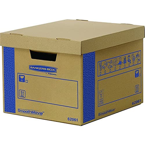 Image of 5 BANKERS BOX Large Strong Moving Boxes. FastFold Cardboard Moving Packing Storage Boxes, 47L SmoothMove Prime Heavy Duty Double Wall Boxes with Handles, 43cm x 38cm x 28.7cm, (Pack of 5), Brown/Blue