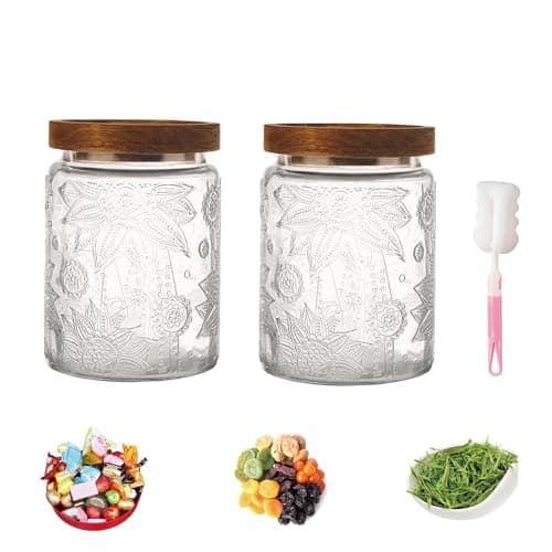 Image of DYUEE Glass Jar with Acacia Wood Lid, 2 Pack 700ml Vintage Glass Jars Set, Airtight Food Storage Jar for Candy, Flour, Oats, Coffee Bean(Sunflower)