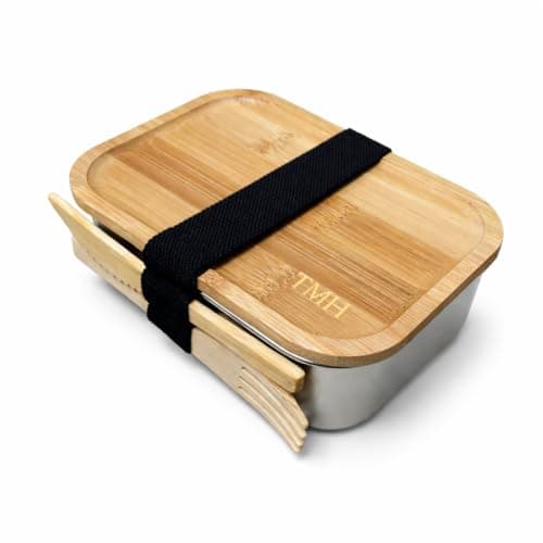 Image of Personalised Stainless Steel Lunch Box with Bamboo Lid, Sandwich Bento Box with Silicone Seal, Metal Clasp or Elastic Strap Options