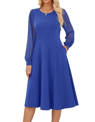 Image of Elegant Women’s Long Sleeve Crew Neck Midi A-Line Dresses Lace Casual Solid Formal Cocktail Dress L Royal Blue