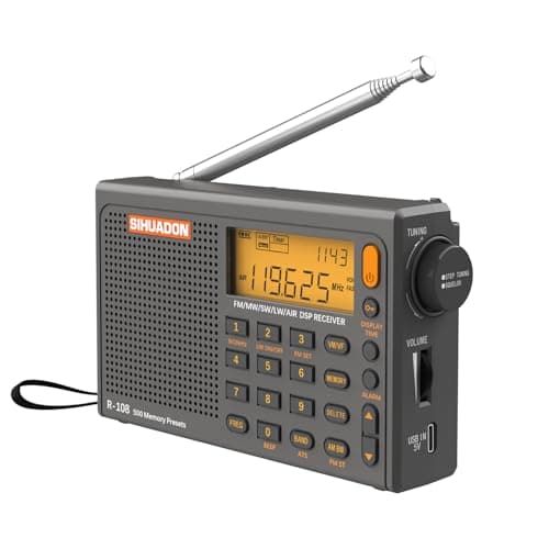 Image of SIHUADON R108 Portable Digital Radio Alarm Clock| FM/AM/SW Airband Receiver, Sleep Timer, LCD Display, and Backup rechargeable Battery | Mains Powered | Grey