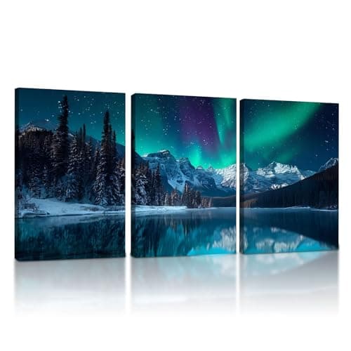 Image of KiKiHong 3-Piece Aurora Borealis Framed Wall Art,Modern Art Print Aurora Scenery,Canvas Wall Art Prints for Bedroom, Living Room, Hallway or Office Decor 12×16 in
