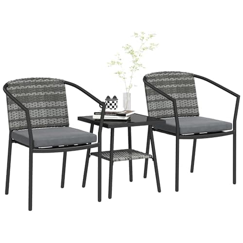 Image of Outsunny 3 Pieces Rattan Bistro Set with Cushions, Wicker Garden Furniture Set, Glass Top Coffee Table and Chairs for Outdoor Patio, Balcony, Terrace and Conservatory, Grey