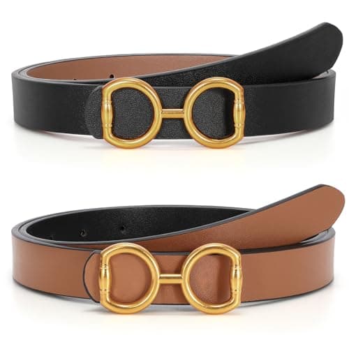 Image of LEACOOLKEY Women Reversible Leather Belt for Jeans Pants Fashion Two-In-One Gold Buckle Ladies Dress Belt（Black/Brown,Suit Waist Size 32"-36" ）