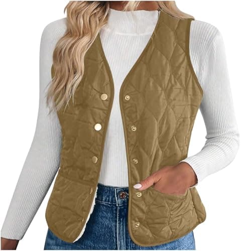 Image of NSICBMNO Coffee Gilet For Women Uk Quilted Body Warmer Sherpa Fleece Gilet Padded Waistcoat Down Vest Thermal Body Warmer Ladies Button Up Quilted Jacket Sleeveless Puffer Jackets Winter Jackets M