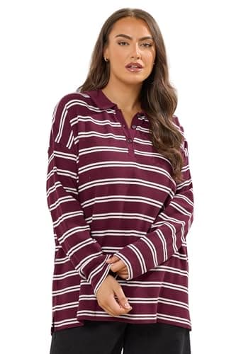 Image of Yours Curve Stripe Waffle Rugby Collar Top - Women's - Plus Size Curve Red