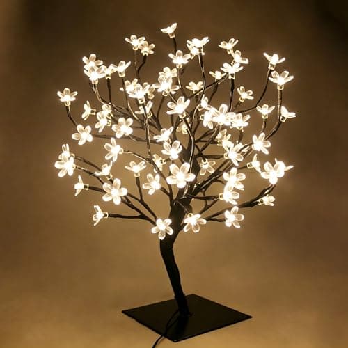 Image of LED Cherry Blossom Bonsai Stylt Tree Lamp 45cm With 72 LED Warm White Fairy Lights, Stable Square Metal Base, Christmas xmas Tree Lights