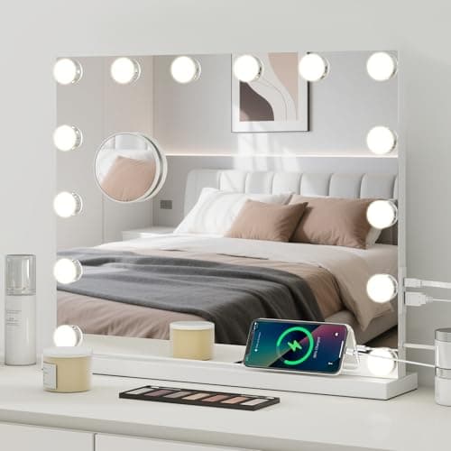 Image of eklipt Hollywood Vanity Mirror with Lights, 50×42cm Large Lighted Makeup Mirror with 14 Dimmable LED Bulbs, Touchscreen Control, USB Output Port Tabletop or Wall Mounted Light Up Mirror For Bedroom