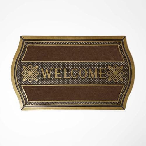 Image of HOMESCAPES Gold 'Welcome' Rubber Door Mat Curved Edge Doormat Non-Slip Waterproof Indoor & Outdoor Mat, 75 x 45 cm