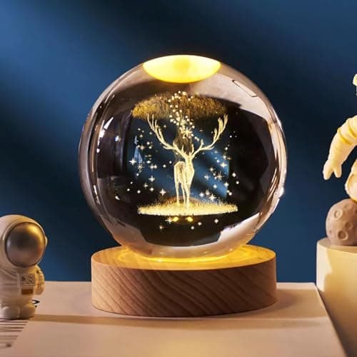 Image of One94Store 3D Glass Ball Lamp Creative Engraved Glass Ball Night Light USB Table Lamp Wooden LED Glass Ball Decoration for Home Office Gift