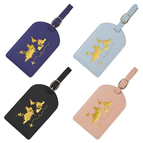Image of Set of 4 Faux Leather Luggage Tags for Suitcases, Metallic Gold World Map Design, Adjustable Buckle Straps, Gold-Tone Hardware, Travel Bag ID Tags in Black, Navy, Pink and Light Blue