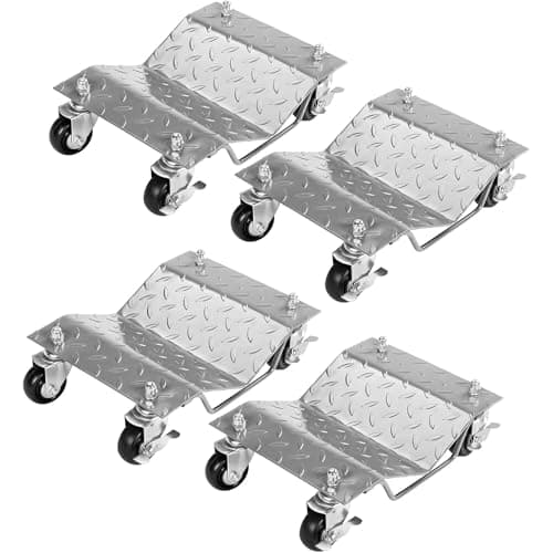 Image of 4pcs Heavy Duty 6000 lbs Car Wheel Dolly Set, Steel Skates with Brakes, 360° Rotatable Anti-Skid Wheels for Cars, Trucks, Trailers, Motorcycles, Boats, Silver