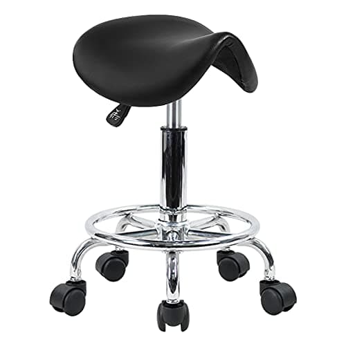 Image of KKTONER Saddle Stool with Foot Rest PU Leather Swivel Adjustable Rolling Stool with Wheels Facial Salon Chair (Black)