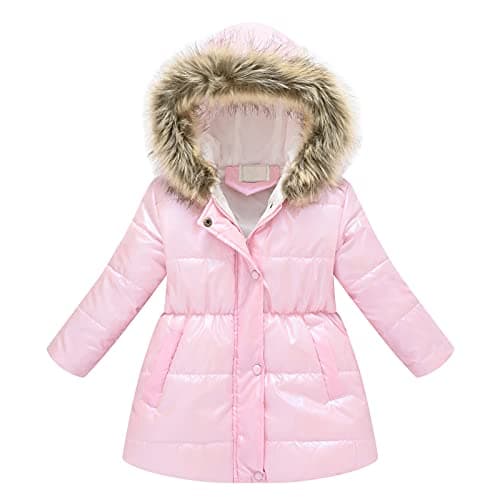 Image of Kids Girls Winter Coat Faux Fur Hooded Windproof Jacket Fleece Liend Padded Thick Warm Parka Outerwear Outdoor Overcoat Cotton Coats Jackets Pink 6-7 Years