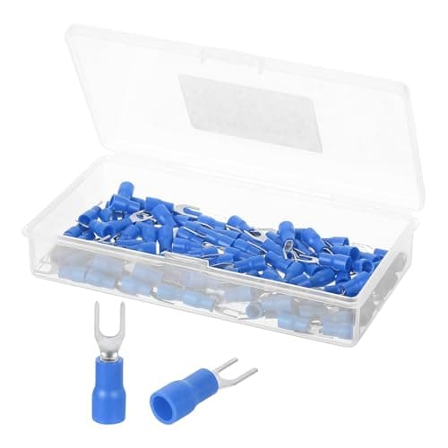 Image of sourcing map Insulated Fork Spade Connectors, 22-16AWG SV1.25-3 U-Type Tinned Copper Waterproof Fork Crimp terminals Connectors for Industrial Electrical Marine Wiring, Pack of 100 (Blue)