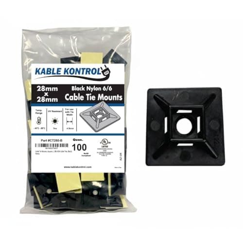 Image of Kable Kontrol Black Zip Tie Bases, 28 mm x 28 mm, Pack of 100 Cable Tie Adhesive Mounts Self Adhesive Mounts Multi-Purpose Zip Ties Bases, Cable Holder Sticky Pads - Black